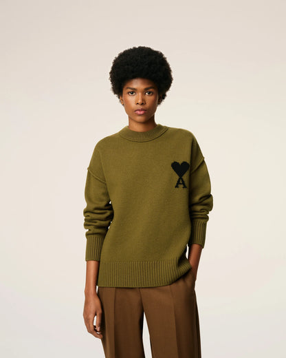 Ami Pull Vert Col Rond En Laine Bronze Noir