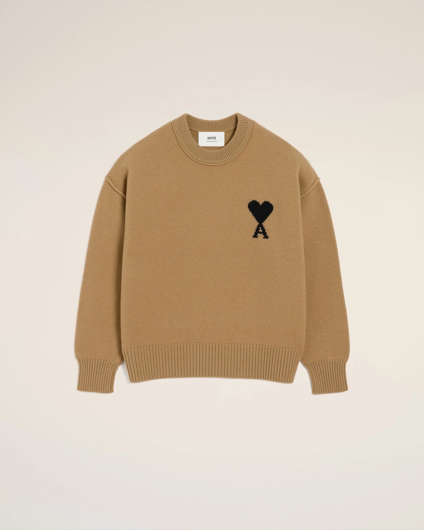 Ami Pull Marron Col Rond En Laine Camel Noir