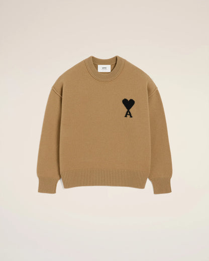 Ami Pull Marron Col Rond En Laine Camel Noir