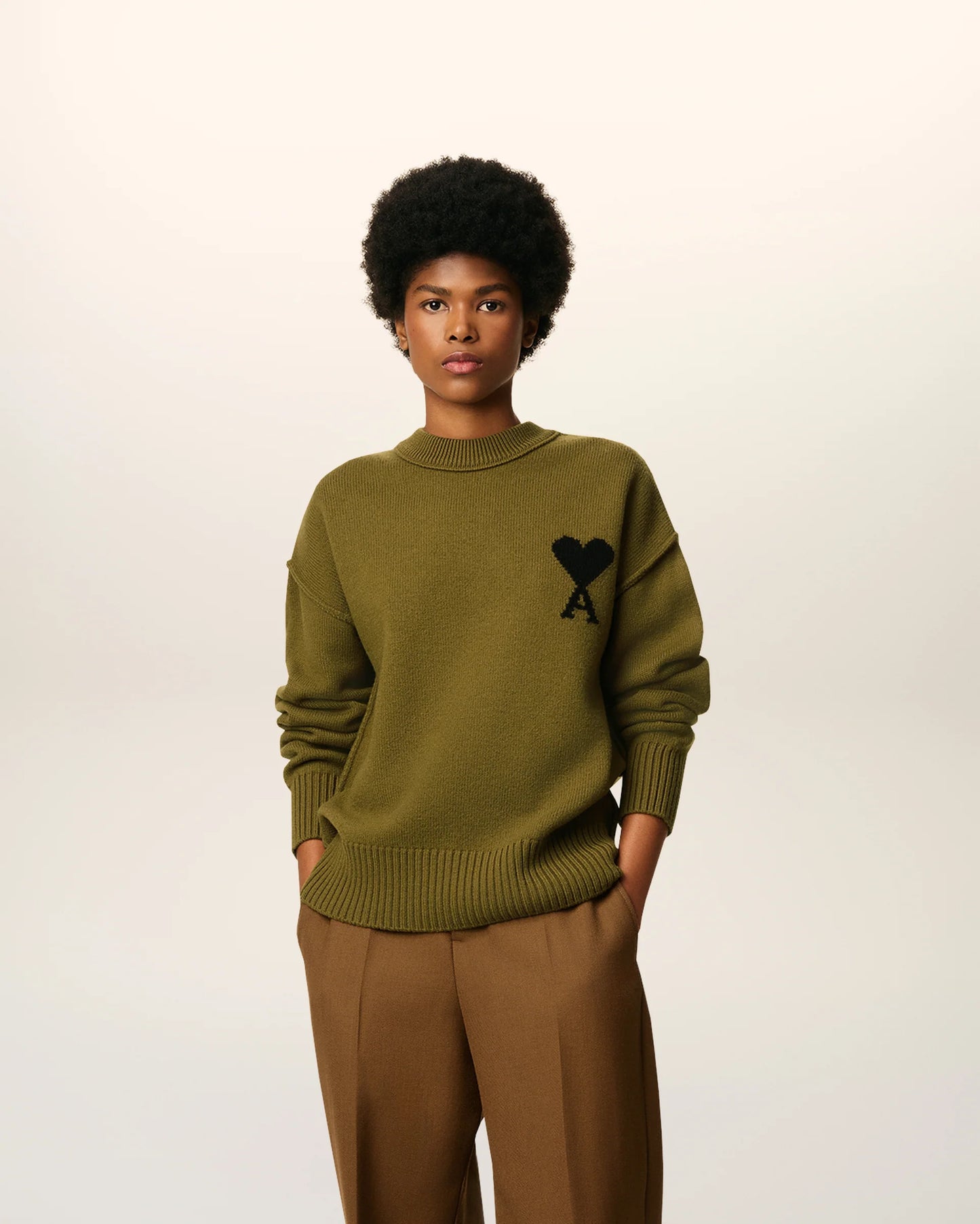 Ami Pull Vert Col Rond En Laine Bronze Noir