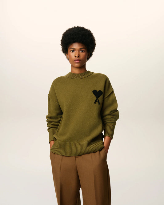 Ami Pull Vert Col Rond En Laine Bronze Noir