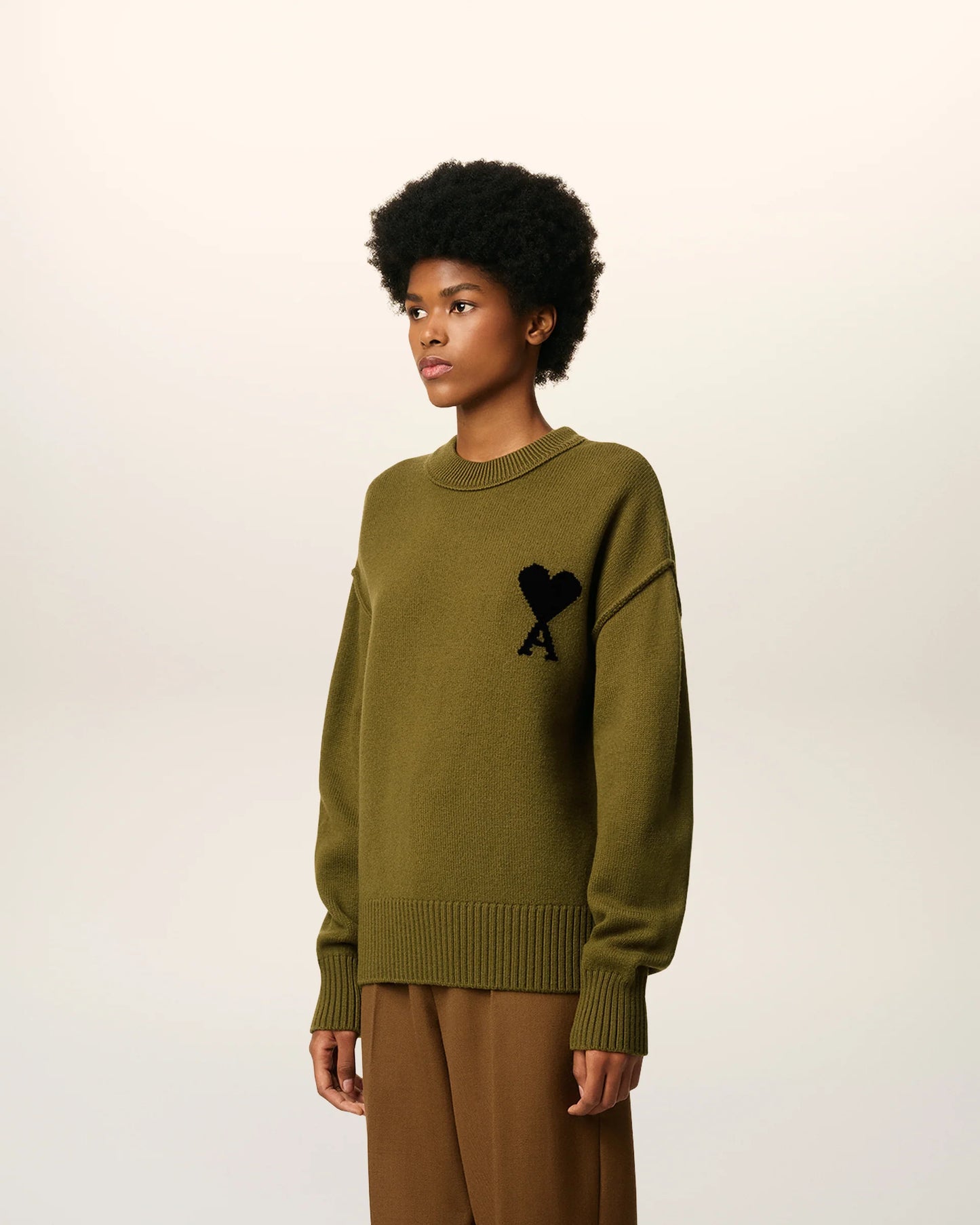 Ami Pull Vert Col Rond En Laine Bronze Noir