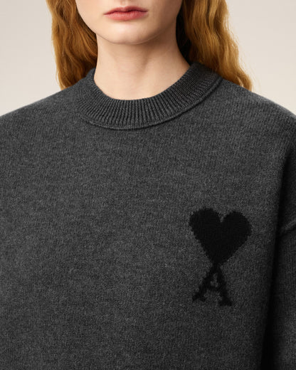 Ami Pull Gris Col Rond  En Laine Gris chine Noir
