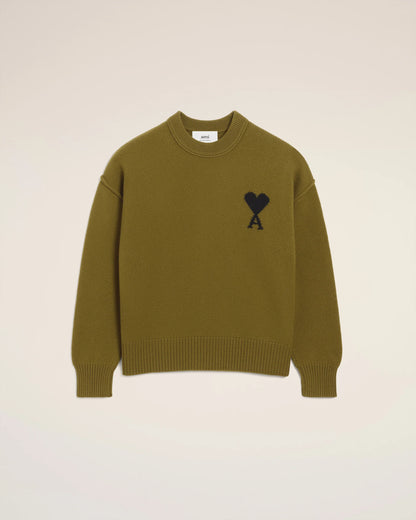 Ami Pull Vert Col Rond En Laine Bronze Noir