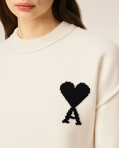 Ami Pull Blanc Col Rond Ecru Noir