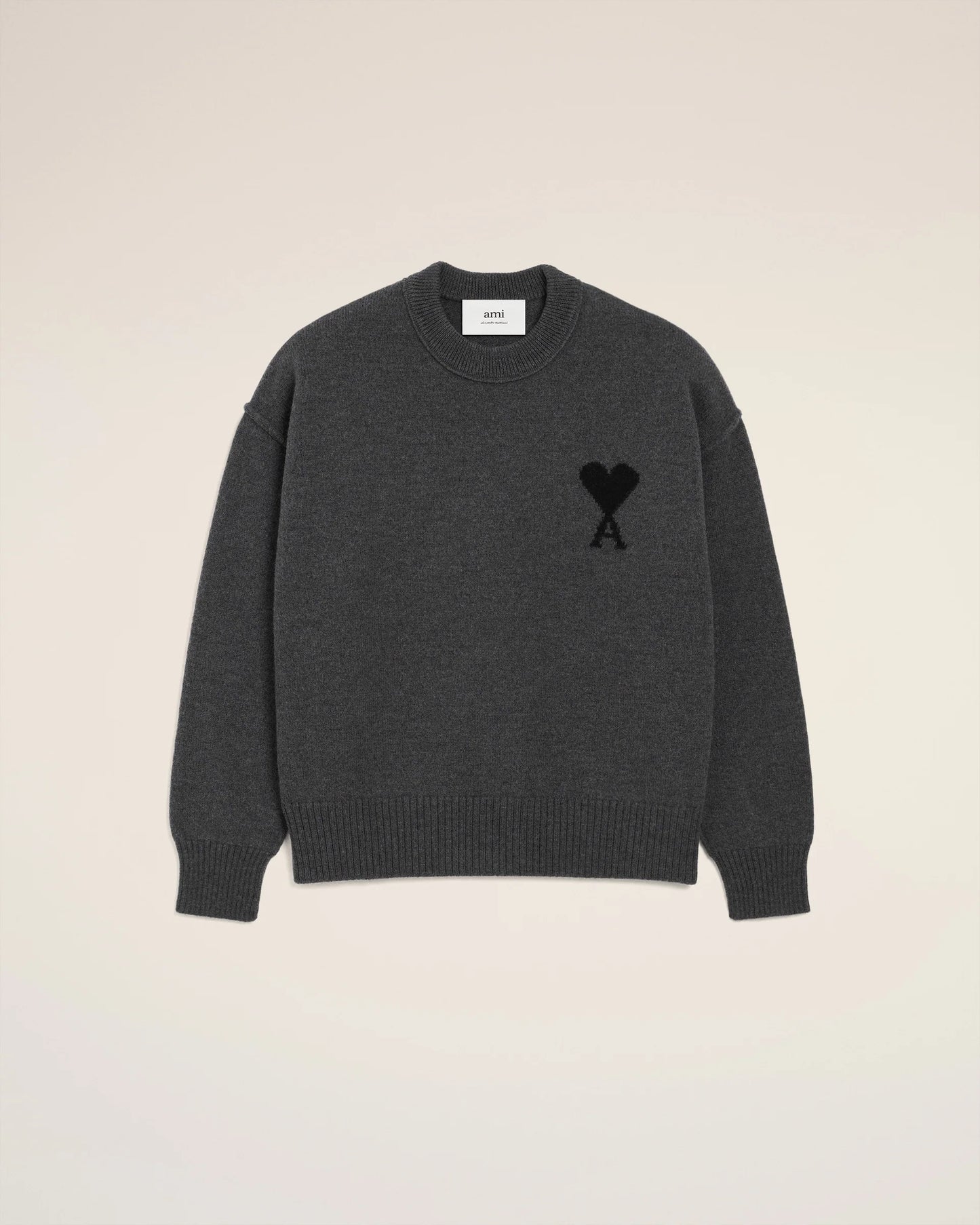 Ami Pull Gris Col Rond  En Laine Gris chine Noir