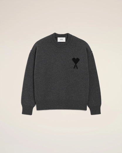 Ami Pull Gris Col Rond  En Laine Gris chine Noir