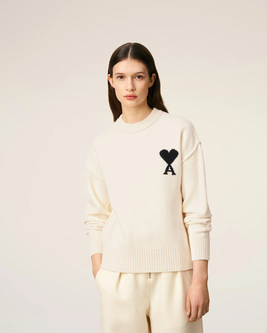 Ami Pull Blanc Col Rond Ecru Noir