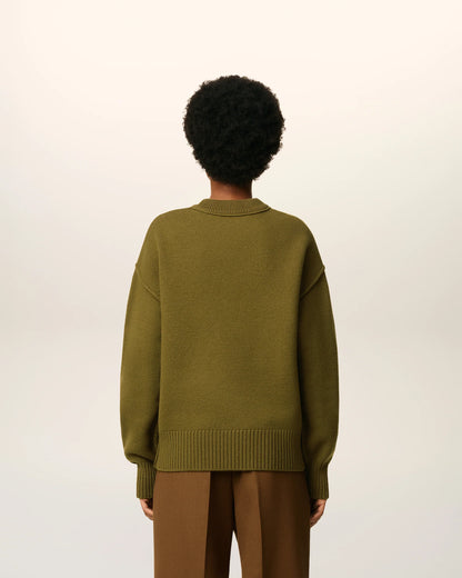 Ami Pull Vert Col Rond En Laine Bronze Noir