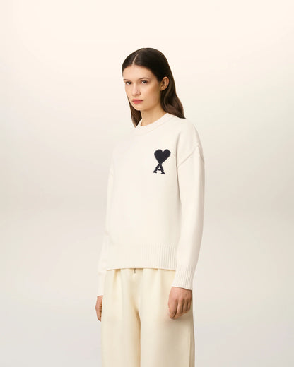 Ami Pull Blanc Col Rond Ecru Noir