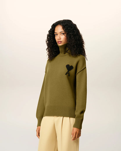 Ami Pull Kaki Col Cheminée En Laine Bronze Noir