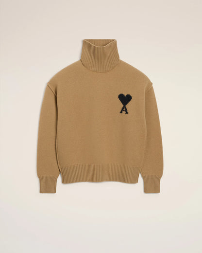 Ami Pull Marron Col Cheminée En Laine - CAMEL NOIR