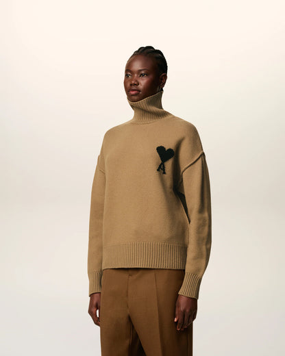 Ami Pull Marron Col Cheminée En Laine - CAMEL NOIR