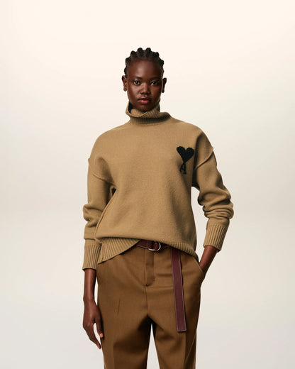 Ami Pull Marron Col Cheminée En Laine - CAMEL NOIR