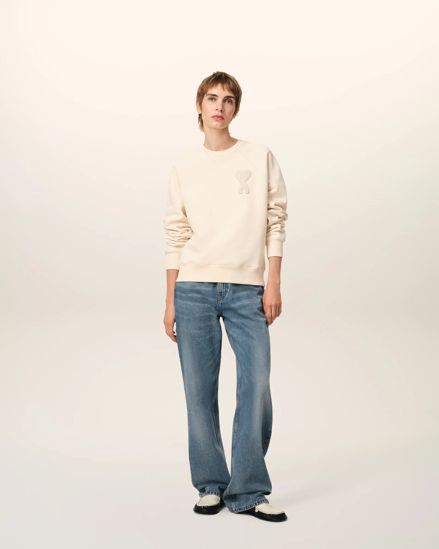 Ami Sweatshirt Beige Patch En Coton Blanc Crème