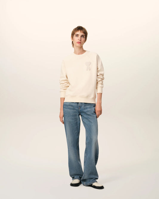 Ami Sweatshirt Beige Patch En Coton Blanc Crème