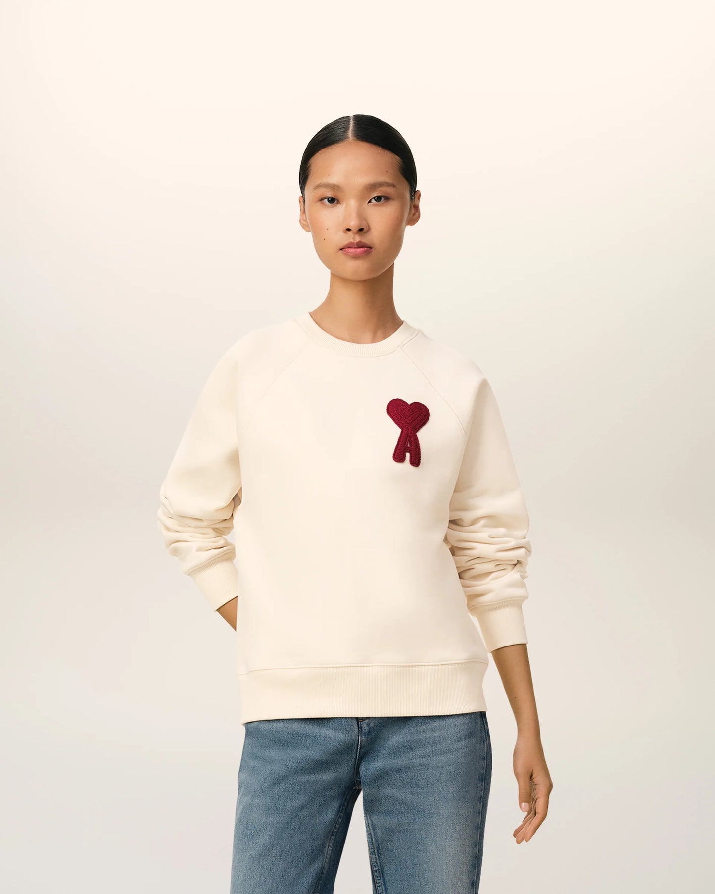 Ami Sweatshirt Beige Patch En Coton - Blanc Creme