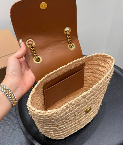 YSL - Sac porté épaule en raphia à finitions en cuir Manon Mini