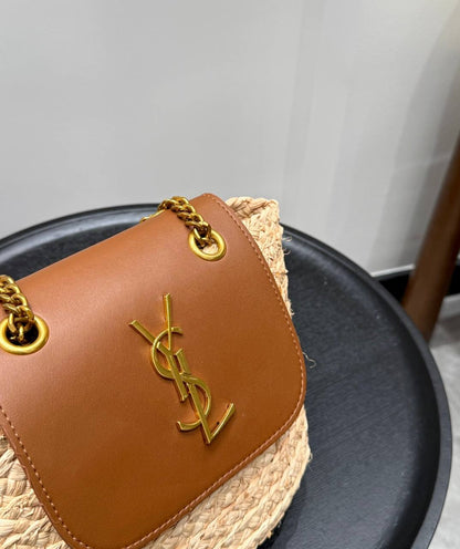 YSL - Sac porté épaule en raphia à finitions en cuir Manon Mini