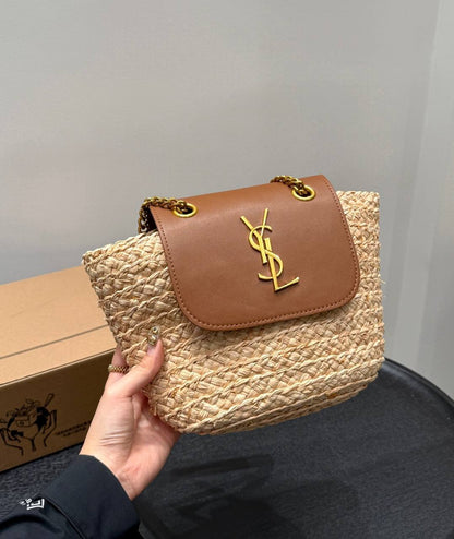 YSL - Sac porté épaule en raphia à finitions en cuir Manon Mini